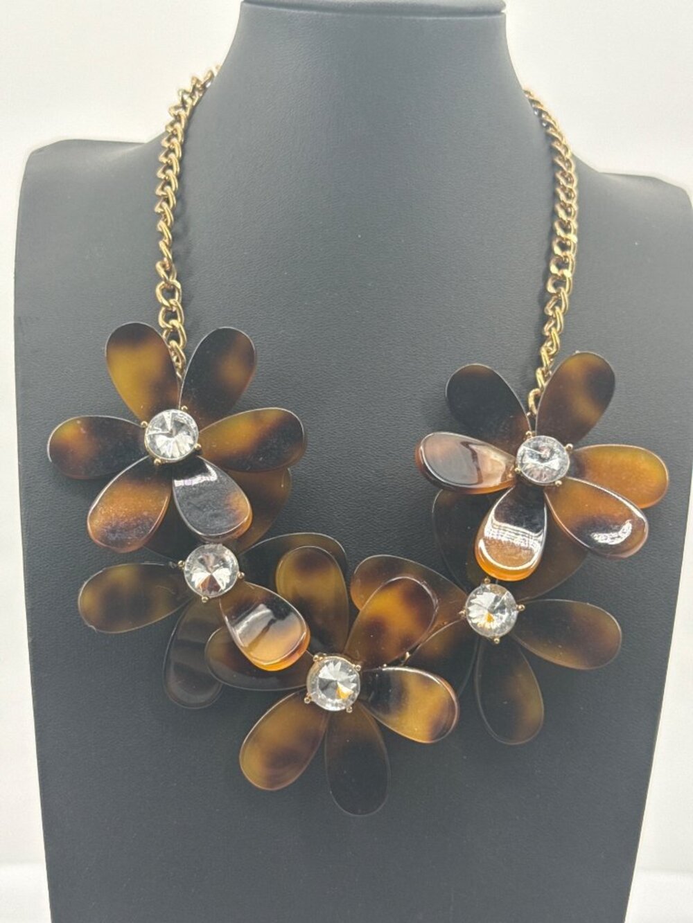 Vintage Totoiseshell Acrylic Flower Crystal Statement Necklace Gold